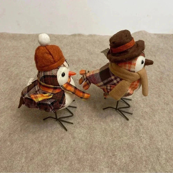 Harvest Autumn Fall Fabric Felt Birds Set 2 Birds Plaid Scarf Hat Holiday Decor - Picture 3 of 16